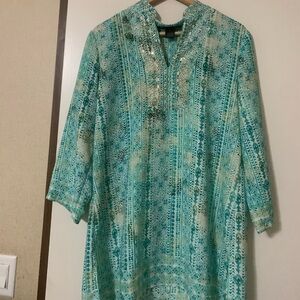 Medium women Teal green with embroidery white stone around neck kurti